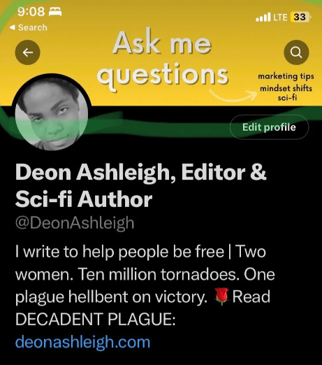 banner says ask me questions about marketing tips, mindset shifts, and sci-fi. - read decadent plague